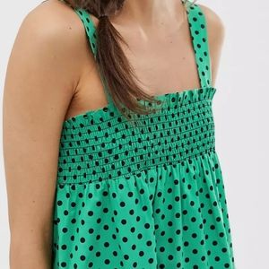 ASOS DESIGN shirred trapeze midi cotton sundress in spot - Size 8